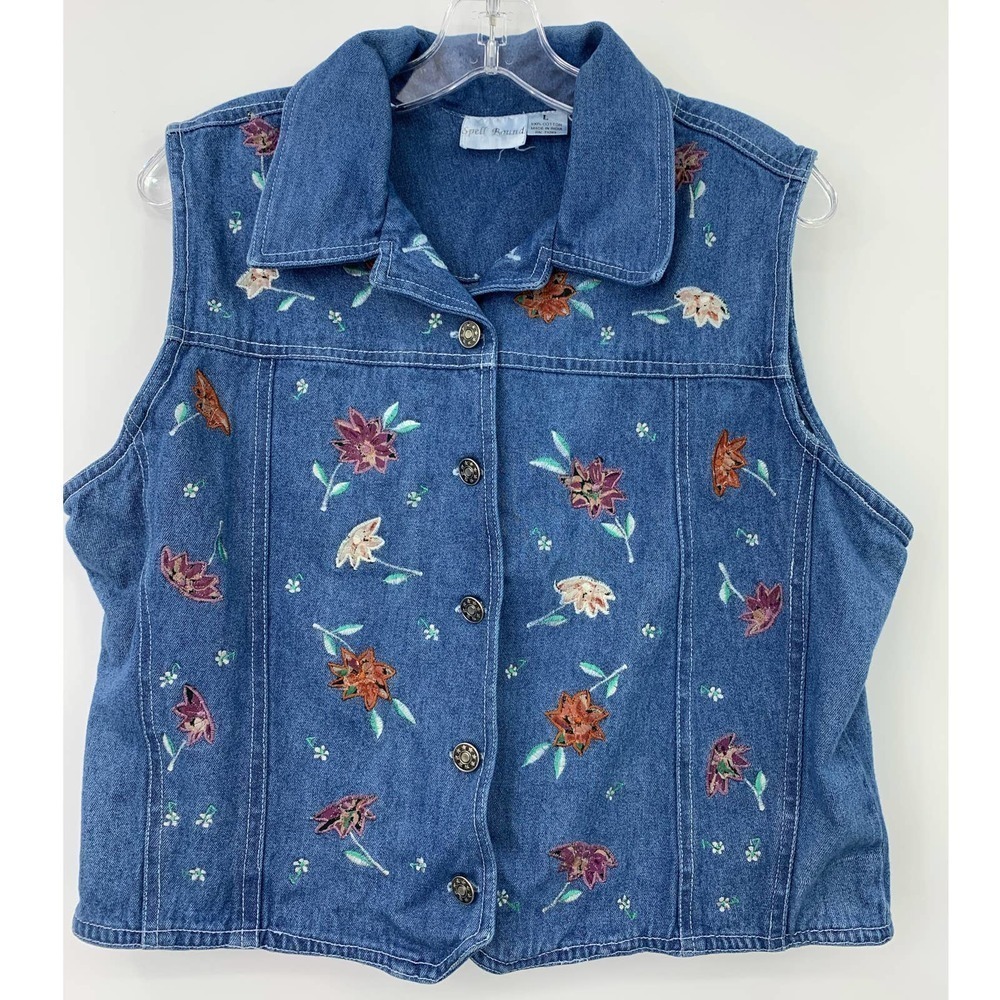 90s Floral Sleeveless Vest Jean Jacket